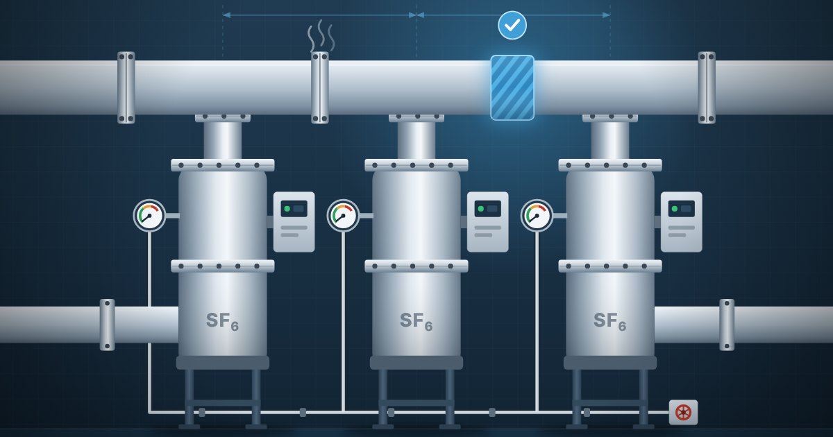Illustration einer gasisolierten Schaltanlage (GIS) mit SF₆-Gasräumen – Instandhaltung durch DSM