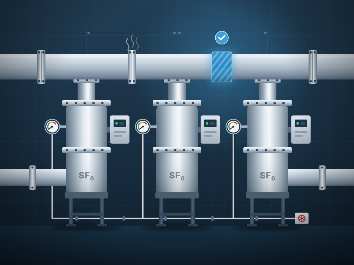Illustration: gasisolierte Schaltanlage (GIS) mit SF₆-Gasräumen – Instandhaltung von GIS-Anlagen (SF6) von DSM