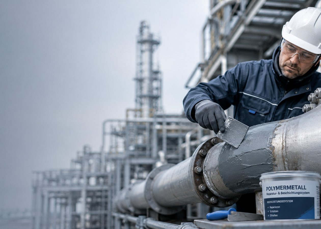 Techniker trägt Polymermetall auf eine Rohrleitung auf – industrielle Instandhaltung DSM Rostock